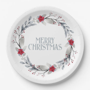 Elegant Silver Red Merry Christmas Wreath Paper Plates