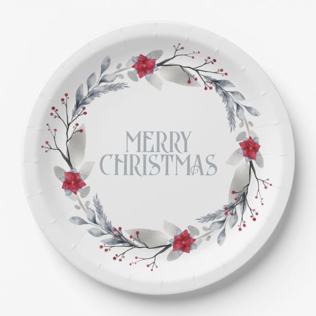 Elegant Silver Red Merry Christmas Wreath Paper Plates (Front)