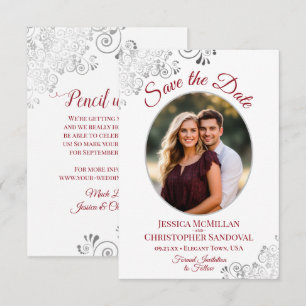 Elegant Silver & Red on White Oval Photo Wedding Save The Date