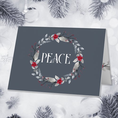 Elegant Silver Red Peace Wreath Festive Foil Greeting Card
