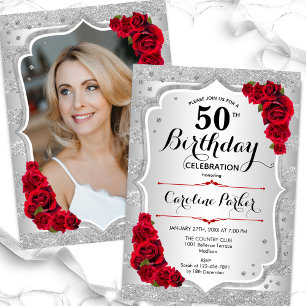 Elegant Silver Red Photo 50th Birthday Invitation