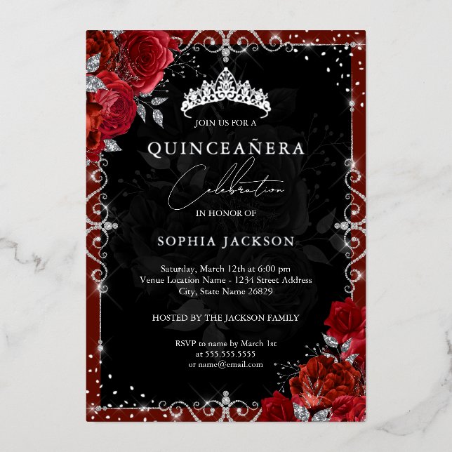 Elegant Silver Red Rose Quinceanera Foil Invitation (Front)