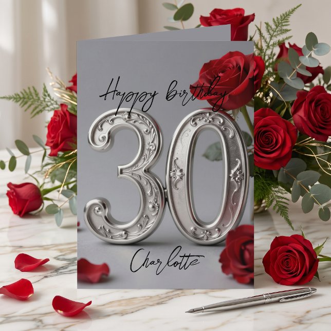 Elegant Silver Red Rose Romantic 30th Birthday Card (Creator Uploaded)