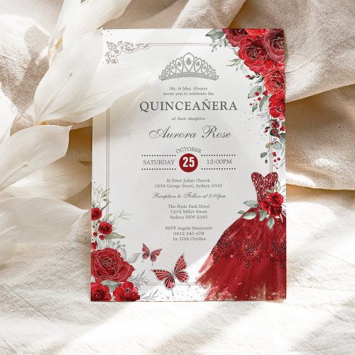 Elegant Silver Red Roses Quinceaera Princess Invitation