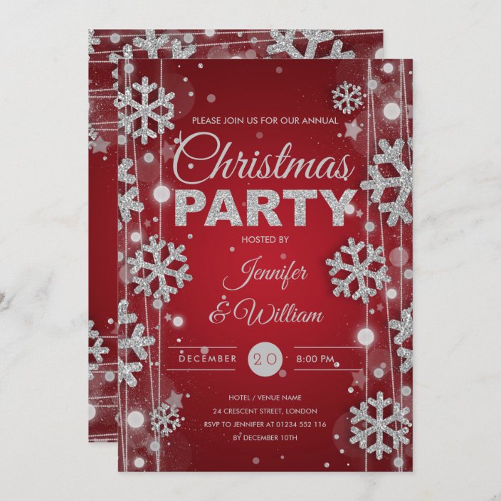 Elegant Silver Red Winter Glam Christmas Party Invitation | Zazzle.com