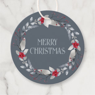Elegant Silver Red Wreath Festive Favor Tags