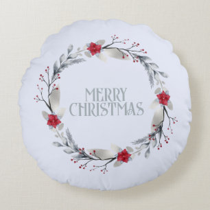 Elegant Silver Red Wreath Festive Round Pillow