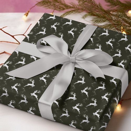 Elegant Silver Reindeer Green Christmas Holiday Wrapping Paper