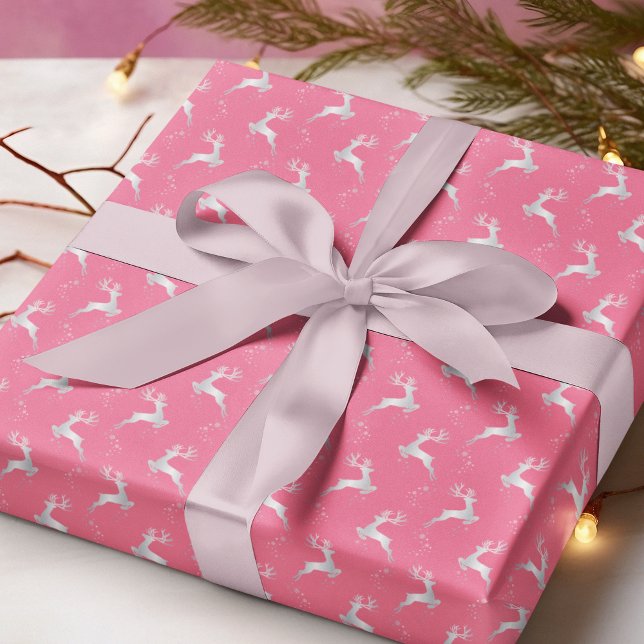 Elegant Silver Reindeer Pink Christmas Holiday Wrapping Paper (Creator Uploaded)