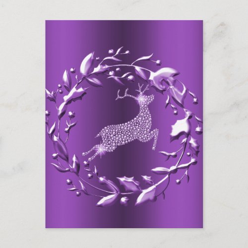 Elegant Silver Reindeer Wreath Purple Christmas Postcard