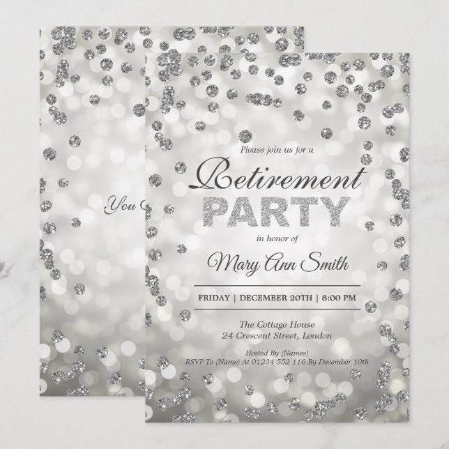 Elegant Silver Retirement Party Confetti & Lights Invitation (Front/Back)