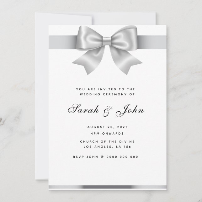 Elegant Silver Ribbon Wedding Invitation (Front)