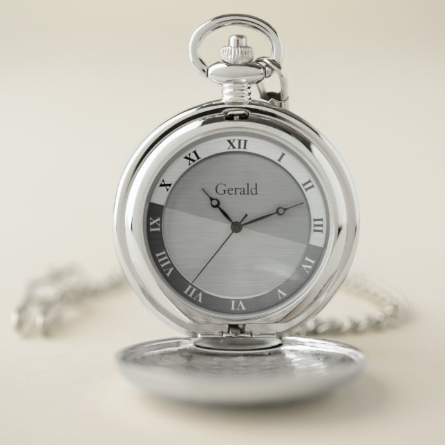 Elegant Silver Roman Numerals Name Template Pocket Watch (Inside)
