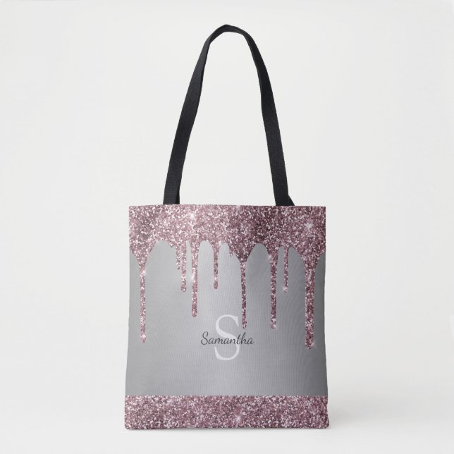 Elegant Silver Rose Gold Pink Glitter Monogram Tote Bag (Front)
