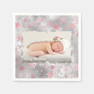 Elegant silver rose gold snowflakes custom photo napkins
