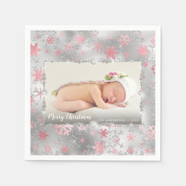 Elegant silver rose gold snowflakes custom photo napkins (Front)