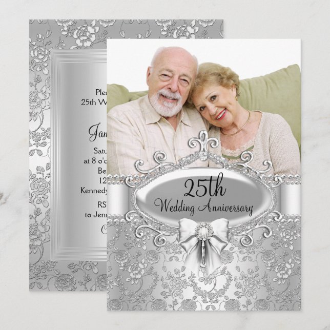 Elegant Silver Rose Photo 25th Anniversary Invite (Front/Back)
