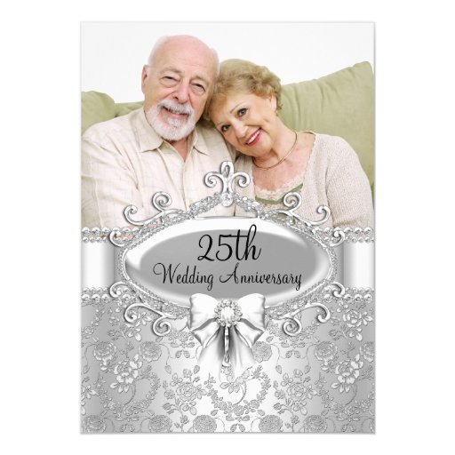 Elegant Silver Rose Photo 25th Anniversary Invite | Zazzle