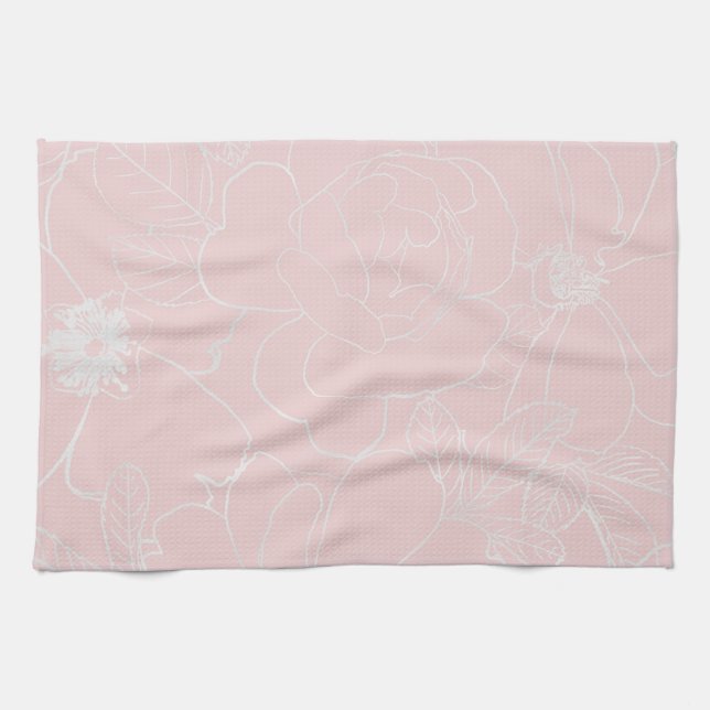 Elegant Silver Roses Floral Drawing Pink Design Kitchen Towel (Horizontal)