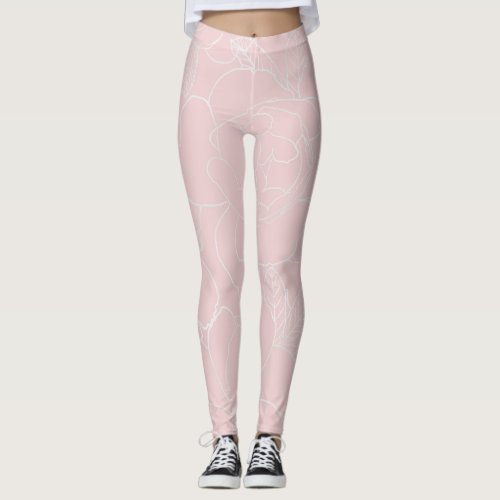 Elegant Silver Roses Floral Drawing Pink Design Leggings