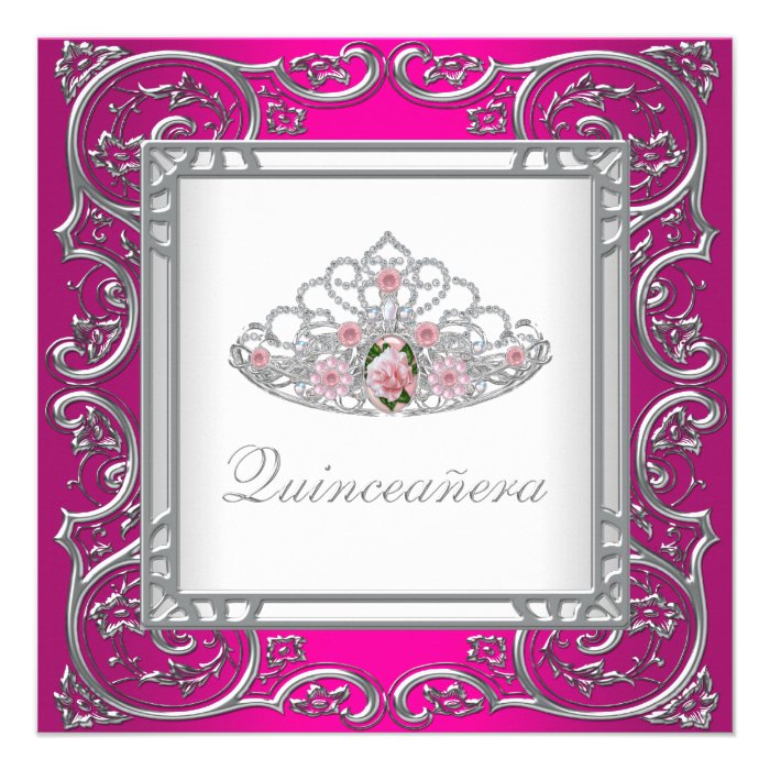 Elegant Silver RoseTiara Hot Pink Quinceanera Custom Invitations