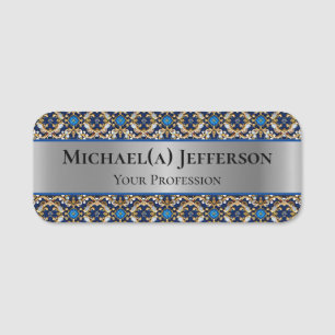 Elegant Silver Royal Blue Baroque Name Tag