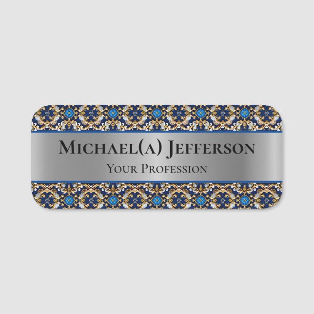 Elegant Silver Royal Blue Baroque Name Tag (Front)