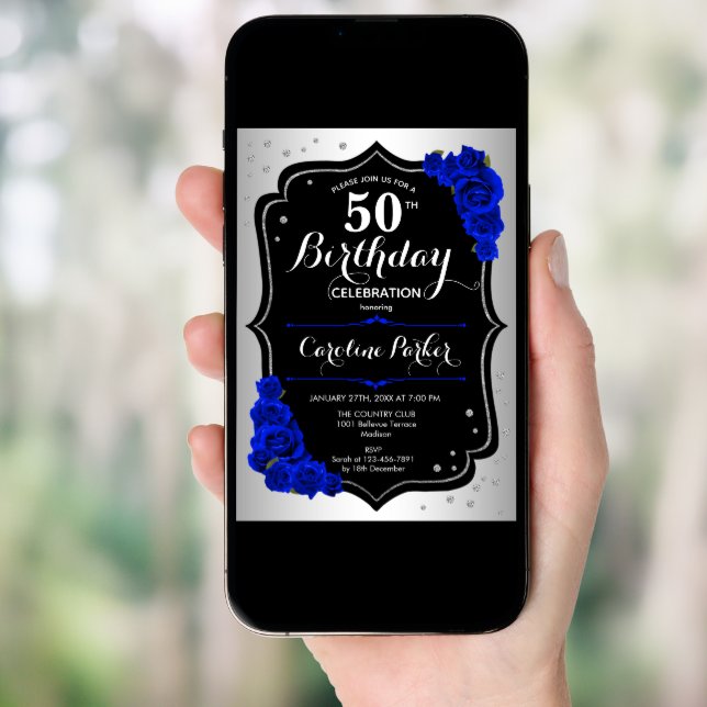 Elegant Silver Royal Blue Photo 50th Birthday Invitation (Front Digital)