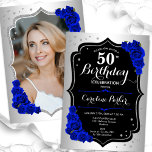 Elegant Silver Royal Blue Photo 50th Birthday Invitation<br><div class="desc">Elegant floral feminine 50th birthday invitation with your photo at the back of the card. Glam design with faux silver. Features royal blue roses, script font and confetti. Perfect for a stylish adult bday celebration party. Personalise with your own details. Can be customised for any age! Printed Zazzle invitations or...</div>