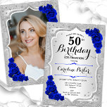 Elegant Silver Royal Blue Photo 50th Birthday Invitation<br><div class="desc">Elegant floral feminine 50th birthday invitation with your photo at the back of the card. Glam design with faux glitter silver. Features silver stripes, royal blue roses, script font and confetti. Perfect for a stylish adult bday celebration party. Personalise with your own details. Can be customised for any age! Printed...</div>