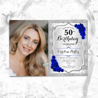 Elegant Silver Royal Blue Photo 50th Birthday