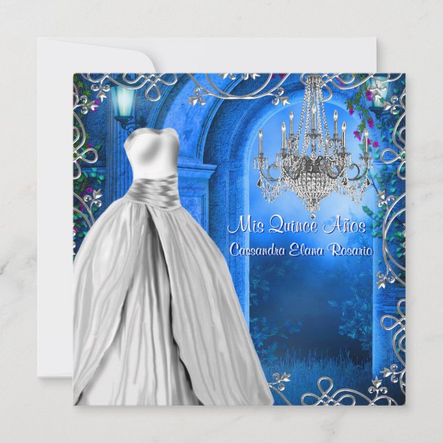 Elegant Silver Royal Navy Blue Quinceanera Invitation (Front)