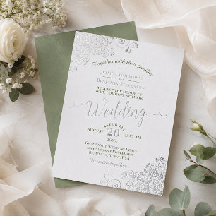Elegant Silver & Sage Green on White Wedding Foil Invitation