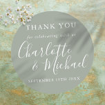 Elegant Silver Sage Signature Script Thank You Classic Round Sticker<br><div class="desc">Featuring signature style names,  this elegant silver sage sticker can be personalised with your special thank you information in chic white lettering. You can customize the background to your favourite color. Designed by Thisisnotme©</div>