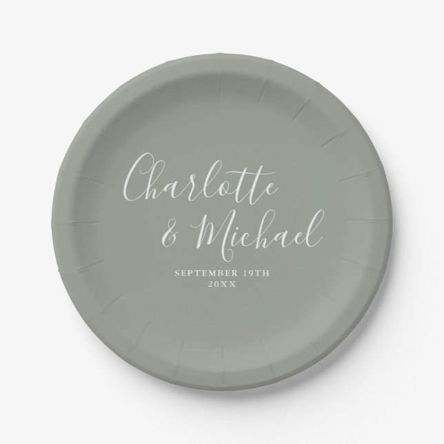 Elegant Silver Sage Signature Wedding Paper Plates (Front)