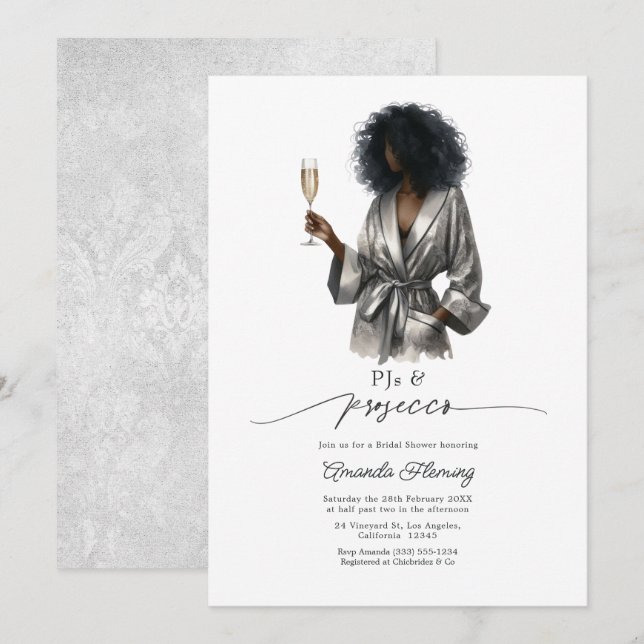Elegant Silver Satin PJs & Prosecco Bridal Shower Invitation (Front/Back)