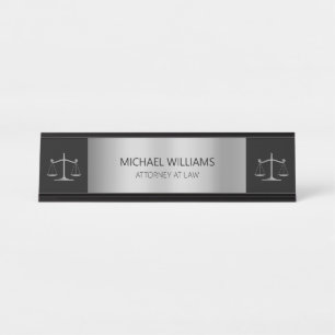 Elegant Silver Scales of Justice Typography Lawyer Desk Name Plate