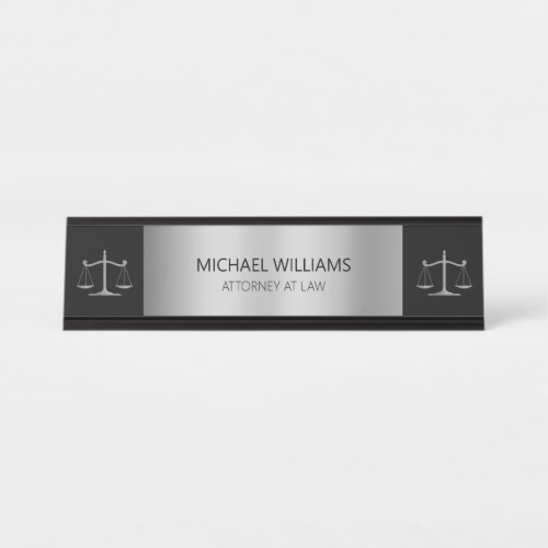 Elegant Silver Scales of Justice Typography Lawyer Desk Name Plate