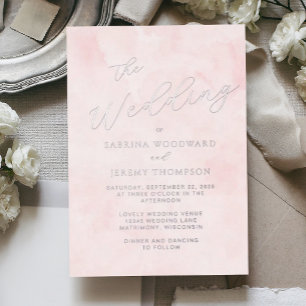 Elegant Silver Script Blush Watercolor Wash Foil Invitation