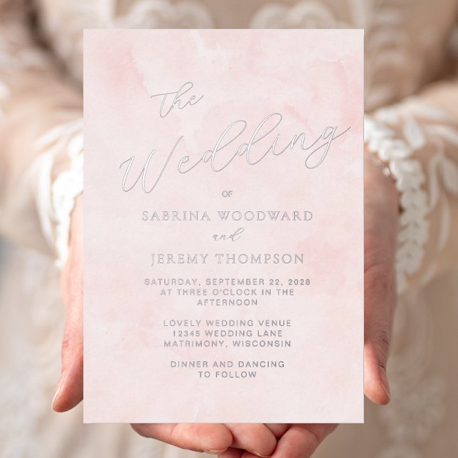 Elegant Silver Script Blush Watercolor Wash Foil Invitation (Creator Uploaded)