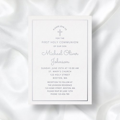 Elegant Silver Script First Communion Foil Invitation