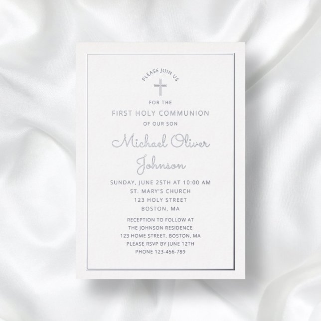 Elegant Silver Script First Communion Foil Invitation (Creator Uploaded)