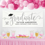Elegant Silver Script Graduate White Banner<br><div class="desc">Celebrate your graduate with this elegant graduation party banner featuring a flowing silver script "Graduate" centerpiece on a clean white background. The graduate's name and school appear in classic serif type alongside a graduation cap and "Class Of" lockup. The timeless design works beautifully as a backdrop for graduation party tables,...</div>