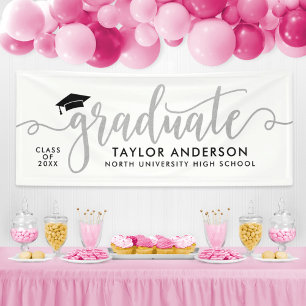 Elegant Silver Script Graduate White Banner