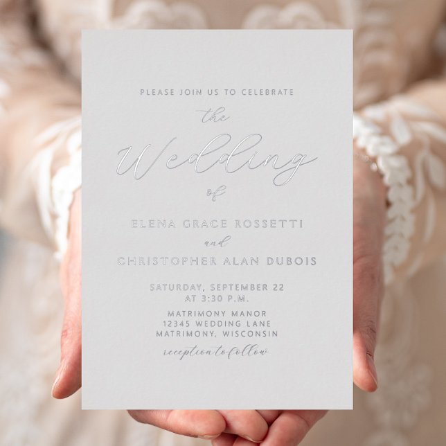 Elegant Silver Script Gray Wedding Foil Invitation (Creator Uploaded)