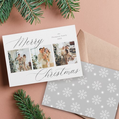 Elegant Silver Script Merry Christmas Photo Holiday Card
