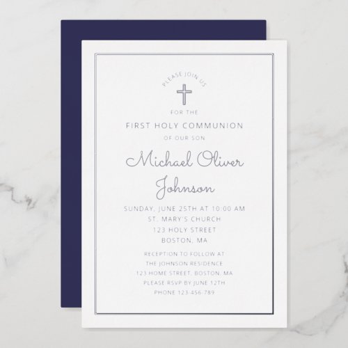 Elegant Silver Script Navy Blue First Communion  Foil Invitation