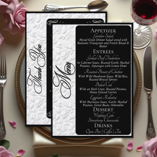 Elegant Silver Script on Black Menu & Thank You