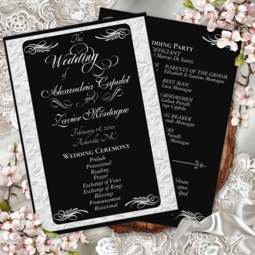 Elegant Silver Script on Black Wedding Ceremony Program