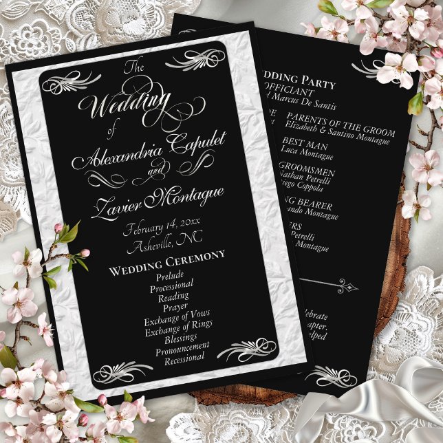 Elegant Silver Script on Black Wedding Ceremony Program (Creator Uploaded)